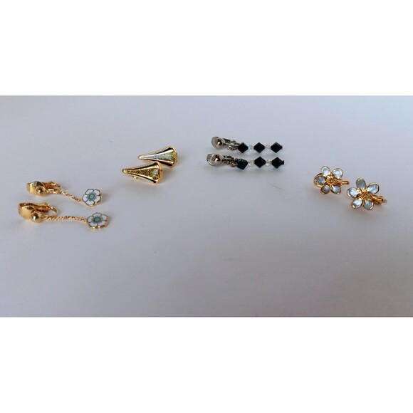 Unsigned Jewelry - Modern Lot Of 4 Clip On Earrings Mixed Styles Floral Fan and Bicone Bead Dangles